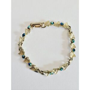 Vintage Blue Aurora Borealis Rhinestone Gold Tone Leaf Motif Linked Bracelet